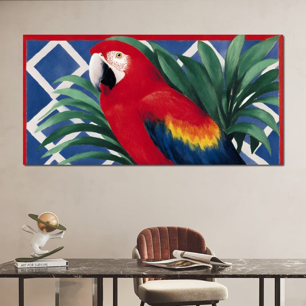 tablou canvas cu un papagal exotic rosu inconjurat de frunze verzi tropicale, pe fundal geometric albastru