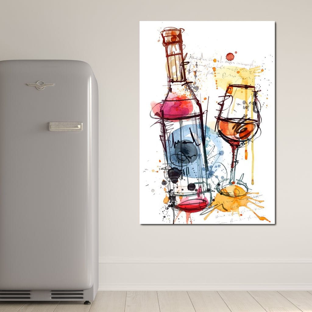 tablou canvas cu o sticla si un pahar de vin, desenate in stil abstract in culori jucause pe fundal deschis