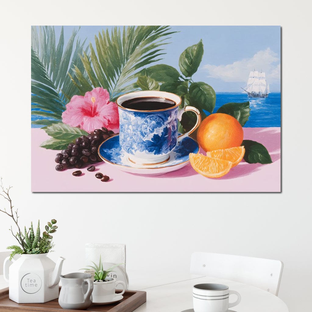 tablou canvas cu o ceasca de cafea, o portocala si boabe de cafea, pe o masa roz cu flori si frunze, pe fundal exotic cu o barca pe apa