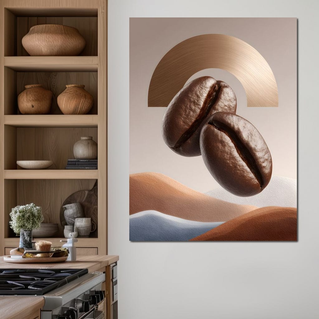 tablou canvas cu doua boabe de cafea, pe fundal abstract deschis, cu nuante calde de maro, auriu si bej