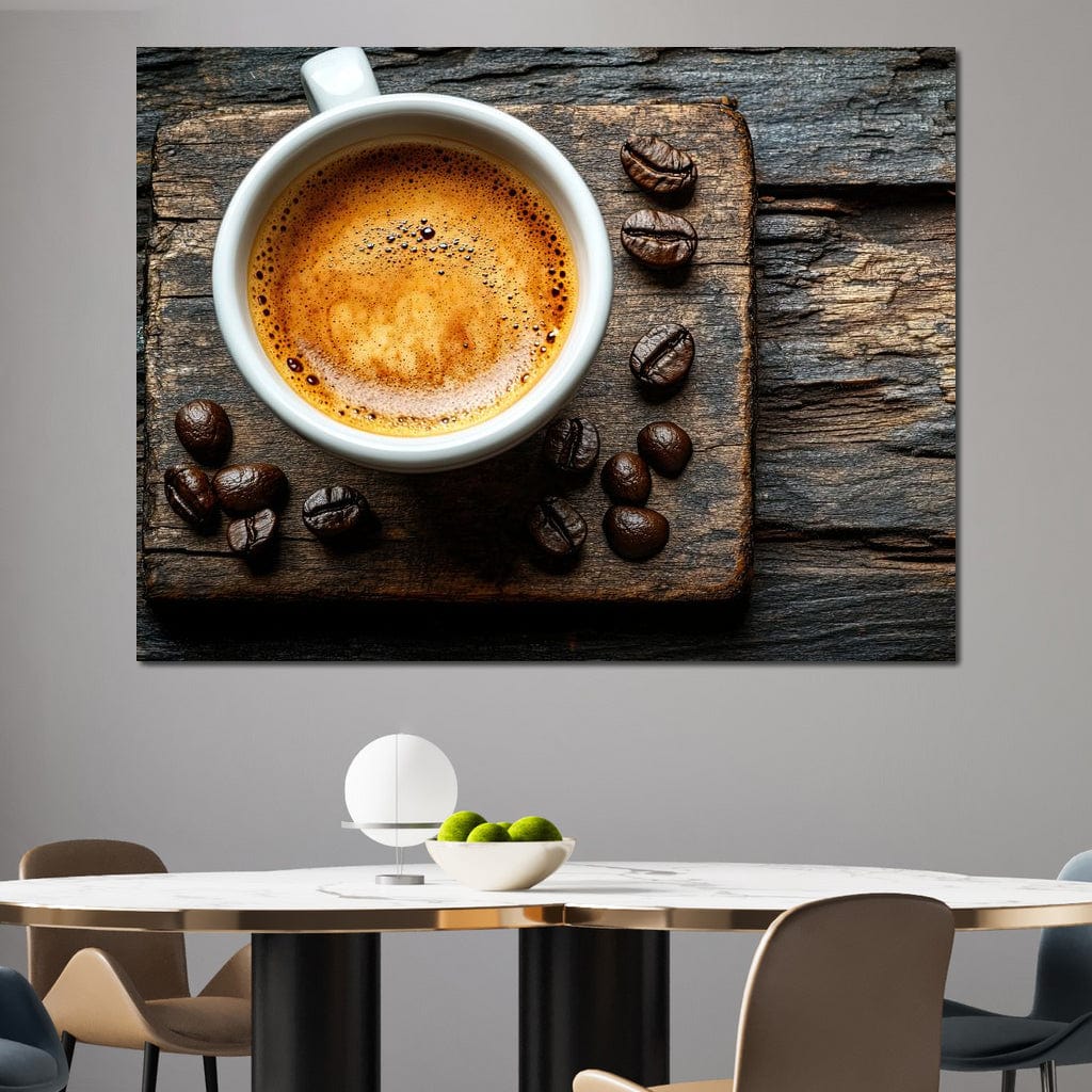tablou canvas cu o ceasca de cafea espresso, pe un suport de lemn cu boabe de cafea, pe fundal rustic