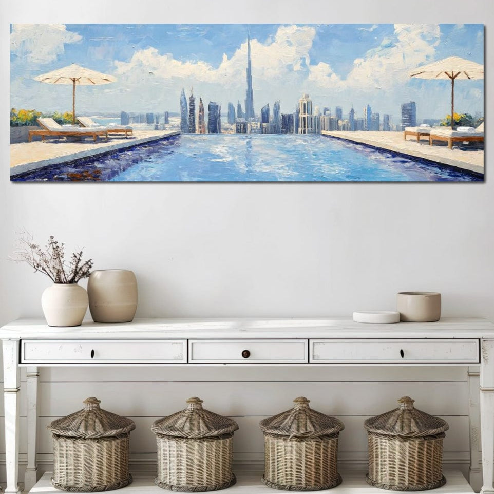 Tablou Canvas Premium, LuxCanva® O1031, Infinitul Albastru, Albastru, Relaxare, Luxos, Serenitate, Azur, Armonie, Nori, Apa, Orizont, Punte, Oglindire, Oaza, Inaltime, Viata, Birou, Living, Dormitor