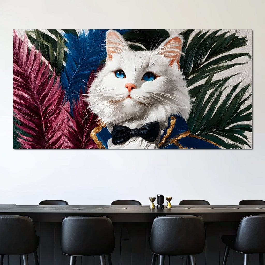 tablou canvas cu o pisica alba, in costum elegant cu papion negru, pe fundal cu frunze albastre, rosii si verzi