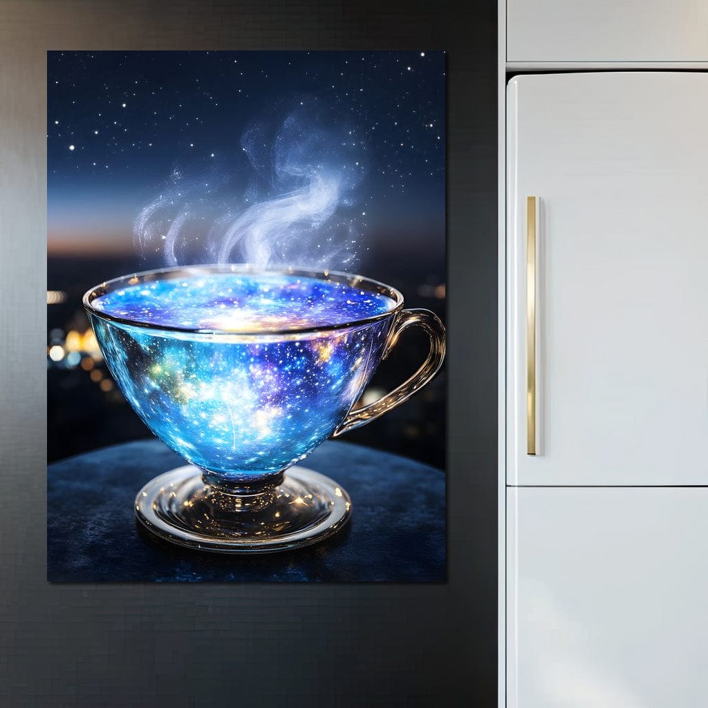 tablou canvas cu o ceasca de ceai fierbinte, cu aburi, pe fundal nocturn si instelat