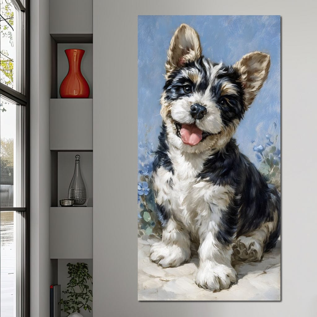 tablou canvas cu un catel zambitor, pictat realist in tonuri de alb si negru, pe fundal albastru deschis cu detalii florale