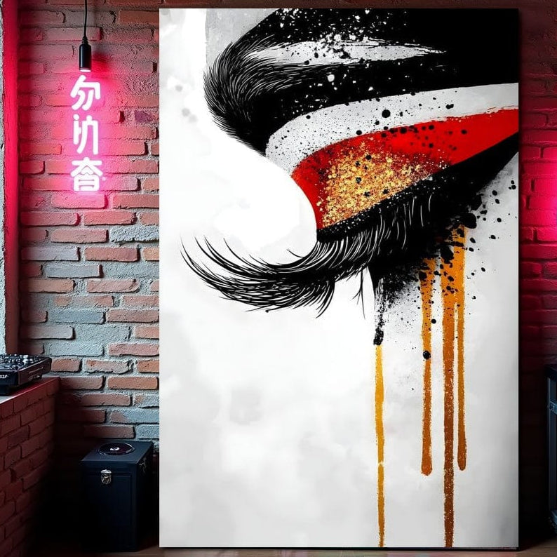 Tablou Canvas Premium, LuxCanva® G1180, Privirea care Curge, Ochi, Gene, Lacrimi, Tacere, Durere, Emotie, Drama, Rosu, Galben, Negru, Stropi, Suferinta, Birou, Living, Dormitor