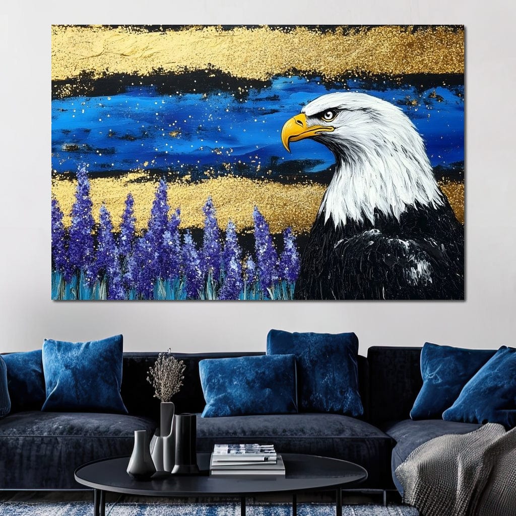tablou canvas cu un vultur american intr-un camp de lavanda, pe fundal abstract cu accente de albastru si auriu