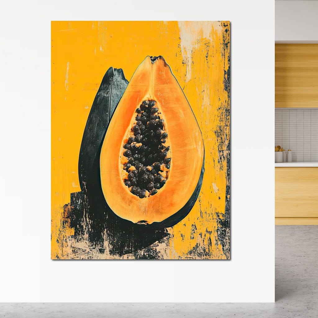 tablou canvas cu un papaya taiat in jumatati si pictat in nuante calde pe fundal galben-portocaliu in stil urban