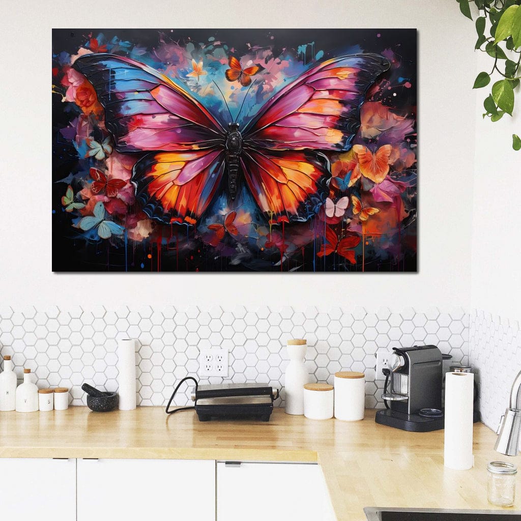 tablou canvas cu un fluture mare multicolor, inconjurat de fluturi mai mici si colorati, pe fundal intunecat cu accente florale