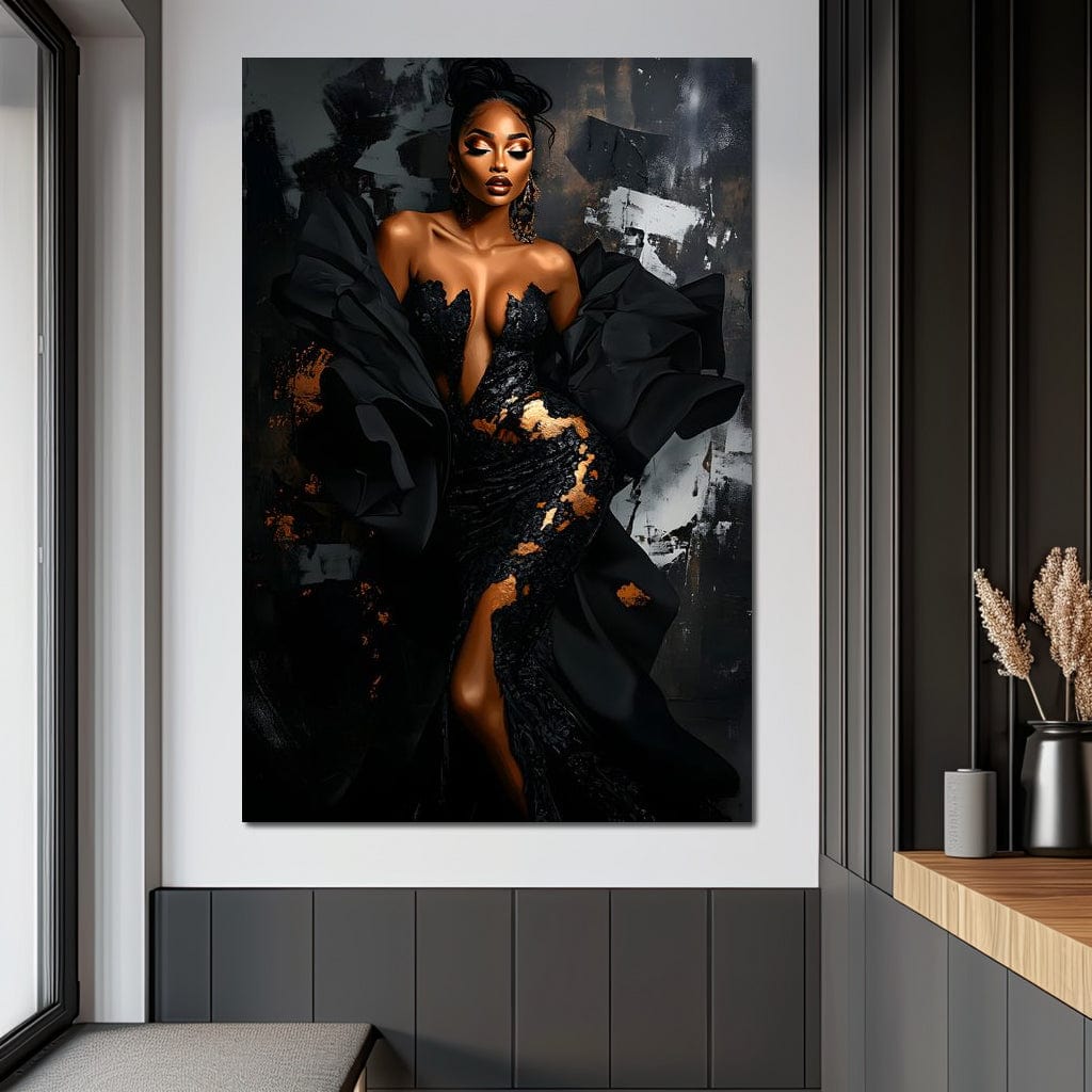 Tablou Canvas Premium, LuxCanva® G1196, Regina Couture, Eleganta, Flacara, Negru, Rochie, Noapte, Dans, Catifea, Incandescenta, Mitologie, Abis, Gratie, Vogue, Birou, Living, Dormitor