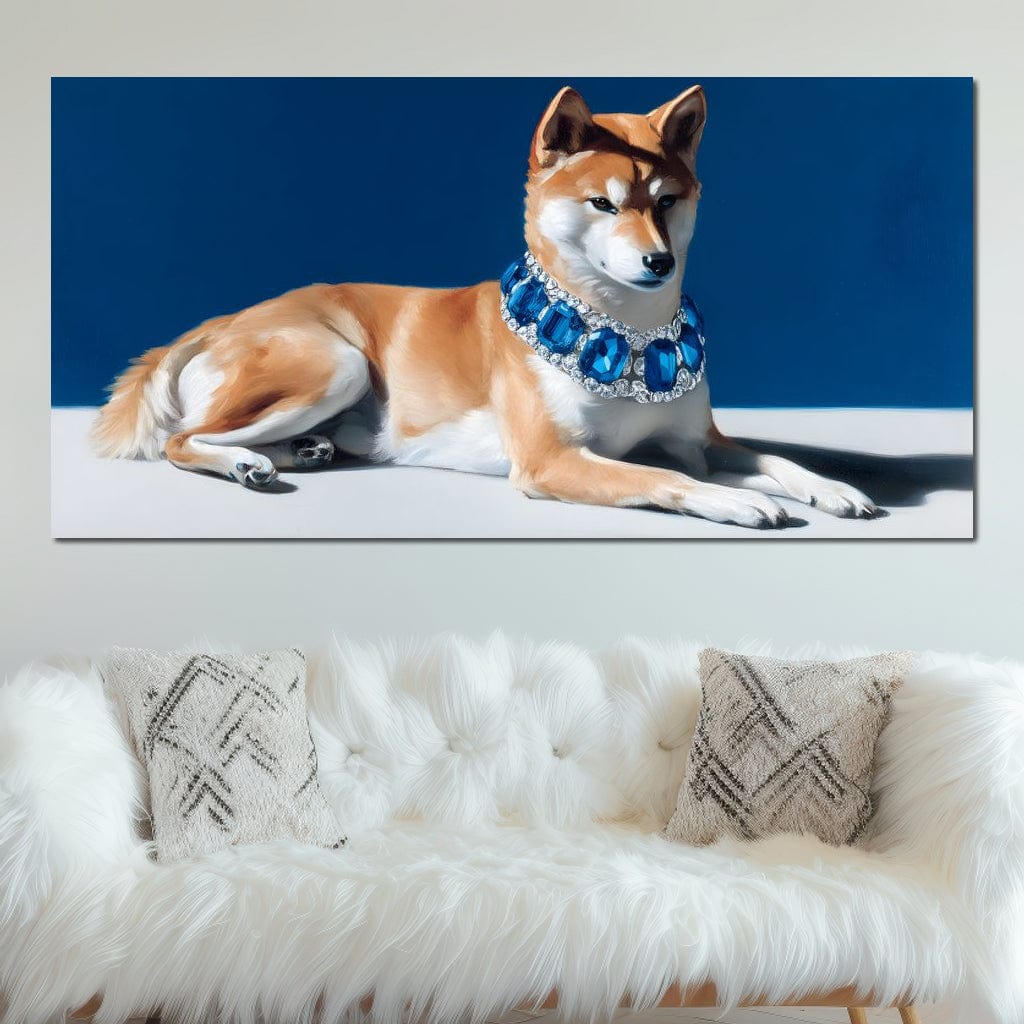 tablou canvas cu un caine shiba elegant, intr-o postura relaxanta purtand un colier cu pietre albastre, pe fundal minimalist albastru si alb