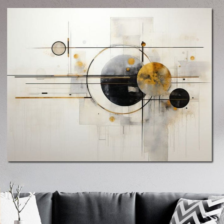 Tablou Canvas Premium LuxCanva® J1032, "Coregrafia Stelelor" în stil minimalism cosmic, cu cercuri suprapuse și formă geometrică pe fund deschis, ideal pentru living sau dormitor.