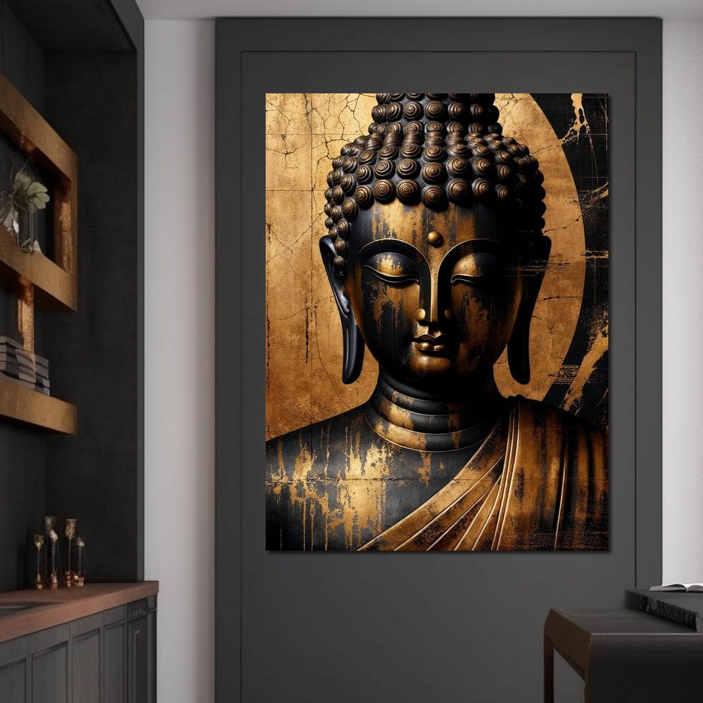Tablou Canvas Premium LuxCanva® I130, Atingerea Nirvanei, Buddha, Zen, Spiritualitate, Meditatie, Armonie, Iluminare, Echilibru, Gold, Cadou Simbolic, Living, Dormitor