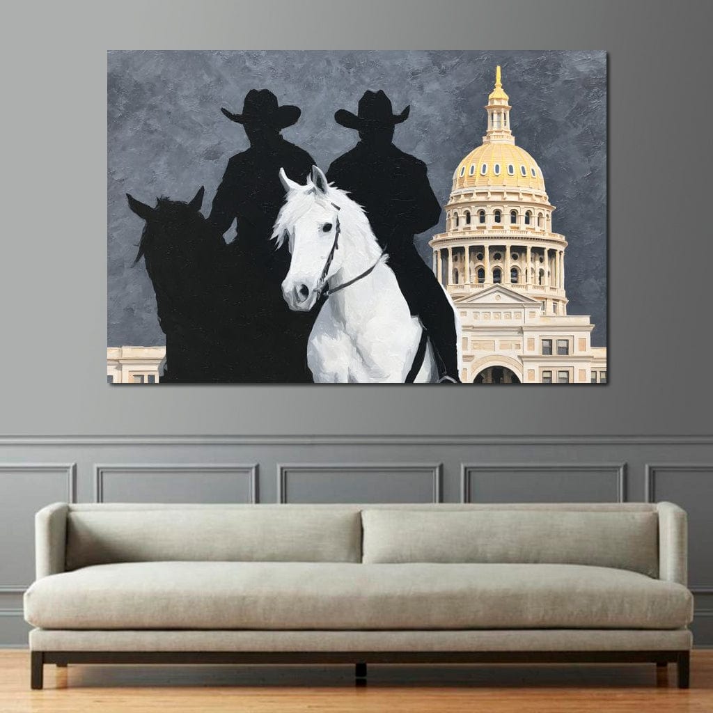 tablou canvas cu doi calareti, un cal alb si un cal negru in umbra, pe fundal cu o cladire istorica