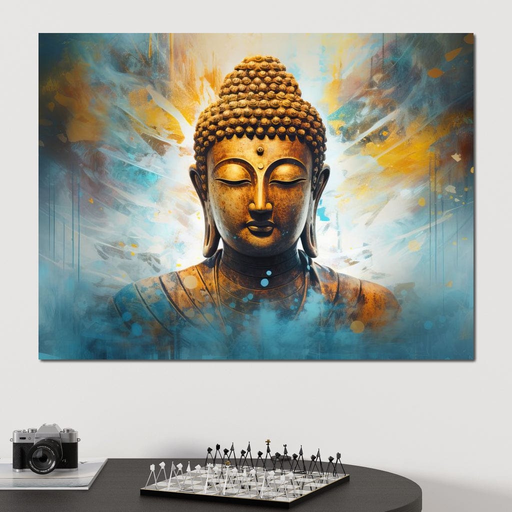 Tablou Canvas Premium LuxCanva® I123, Reflectia Iluminarii, Buddha, Zen, Iluminare, Pace Interioara, Spiritualitate, Armonie, Meditatie, Albastru, Gold, Living, Dormitor