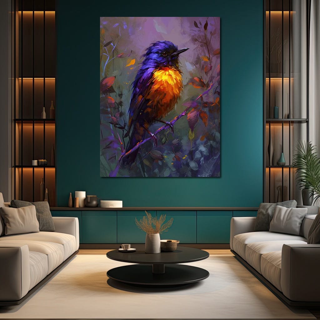 tablou canvas cu o pasare colorata in nuante vibrante, pe o ramura cu frunze multicolore