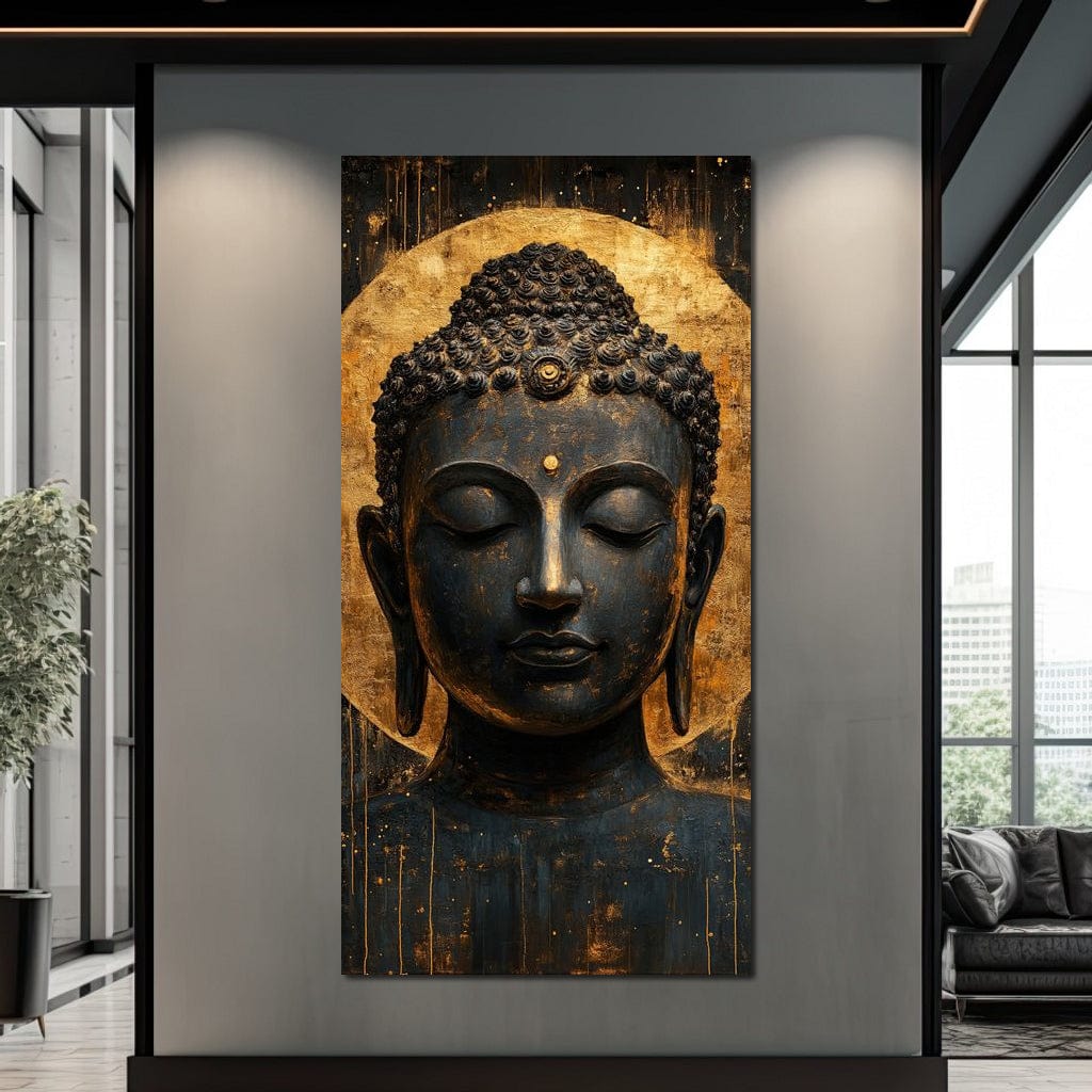 Tablou Canvas Premium LuxCanva® I146, Energie si Liniste, Buddha, Zen, Liniste, Intelepciune, Iluminare, Spiritualitate, Armonie, Urna, Aura, Foc, Gold, Living, Dormitor