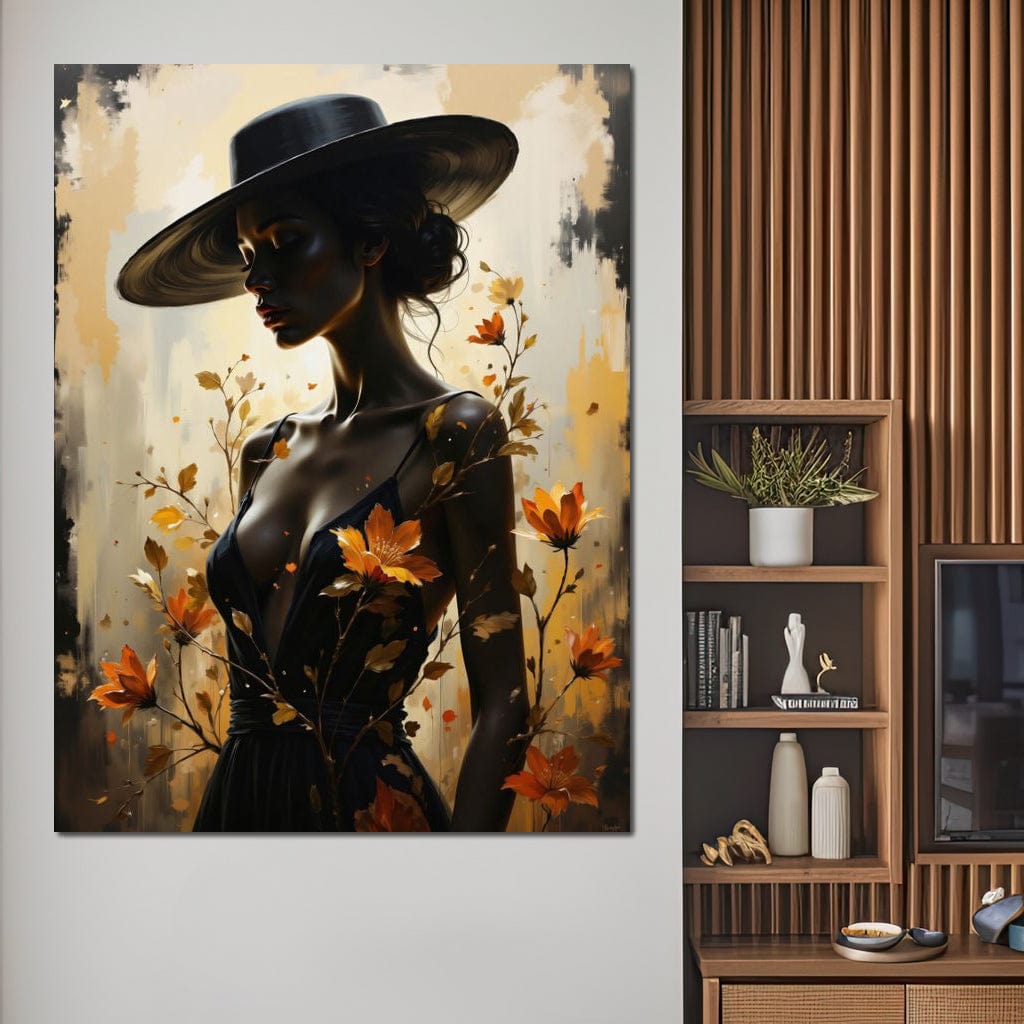 Tablou Canvas Premium, LuxCanva® G1170, Silueta de Rugina, Lady, Palarie, Rochie, Negru, Flori, Toamna, Dramatic, Silueta, Petale, Auriu, Romantism, Baroc, Boem, Poetic, Birou, Living, Dormitor