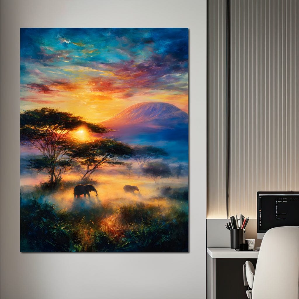 tablou canvas cu un peisaj de savana la apus de soare, cu elefanti prin iarba