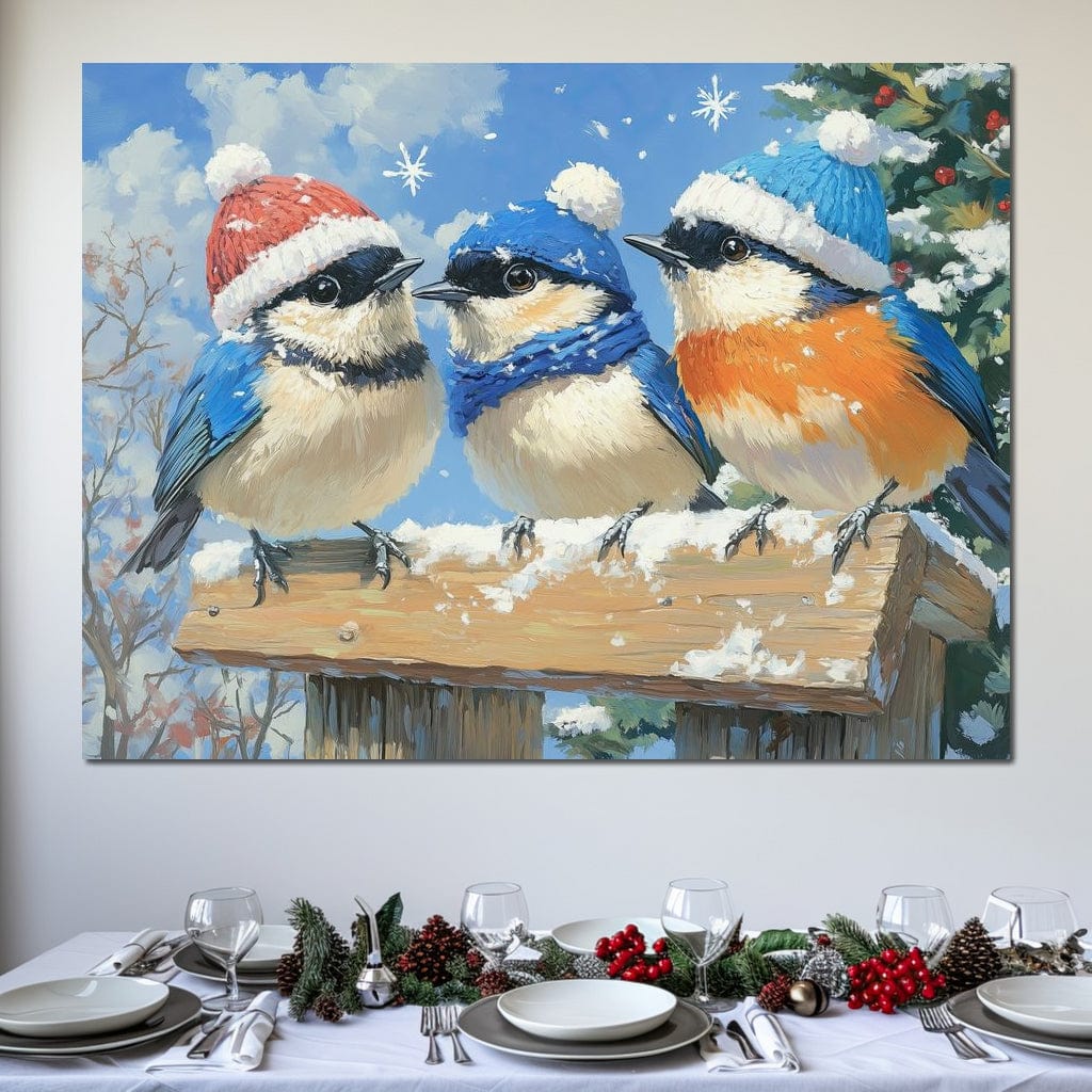 Tablou Canvas Premium LuxCanva® D1041, Pasarile Melodioase , Vrabiute, Caciulite, Creanga, Cantec, Iarna, Living Room, Culori vibrante