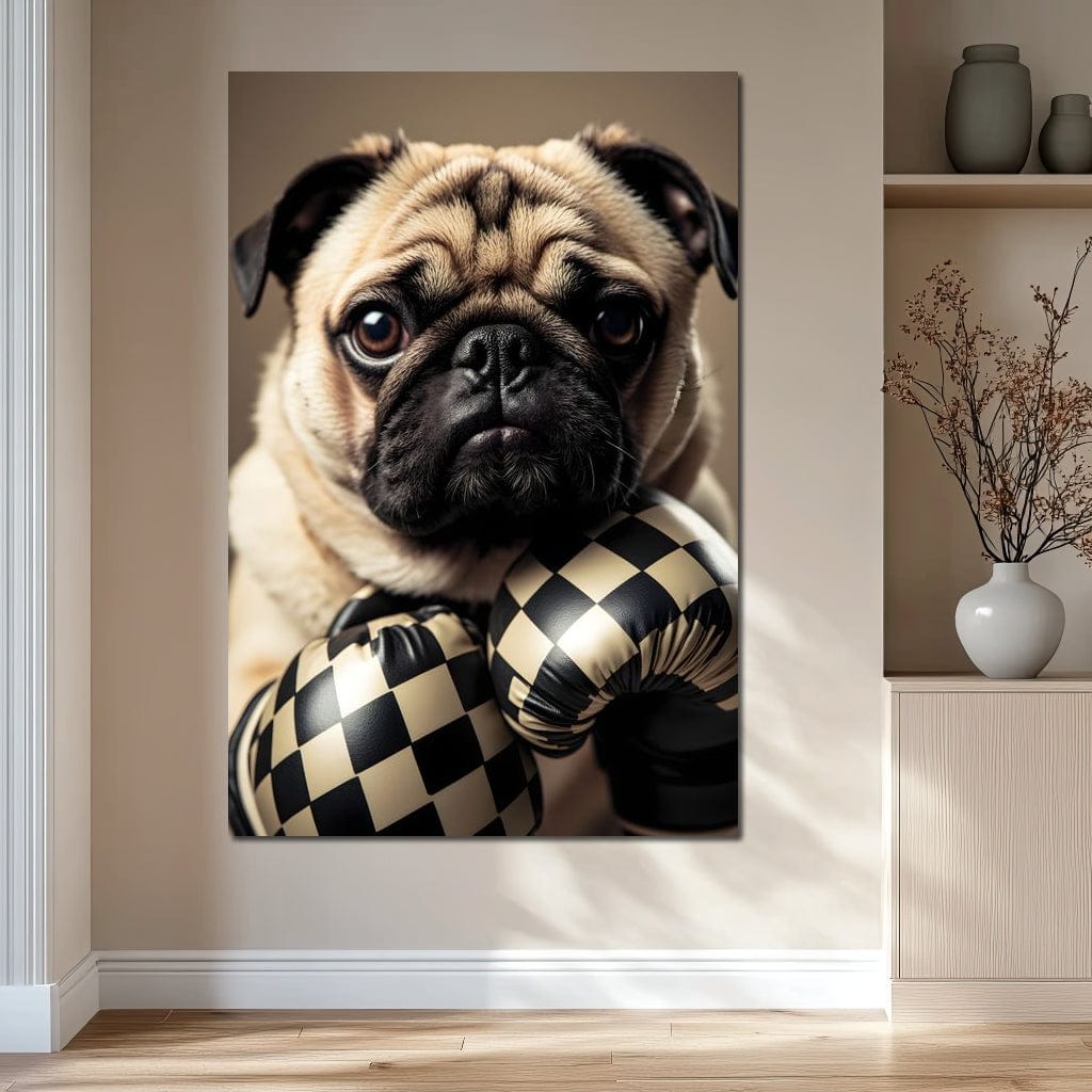 tablou canvas cu un caine pug purtand manusi de box in carouri alb si negru