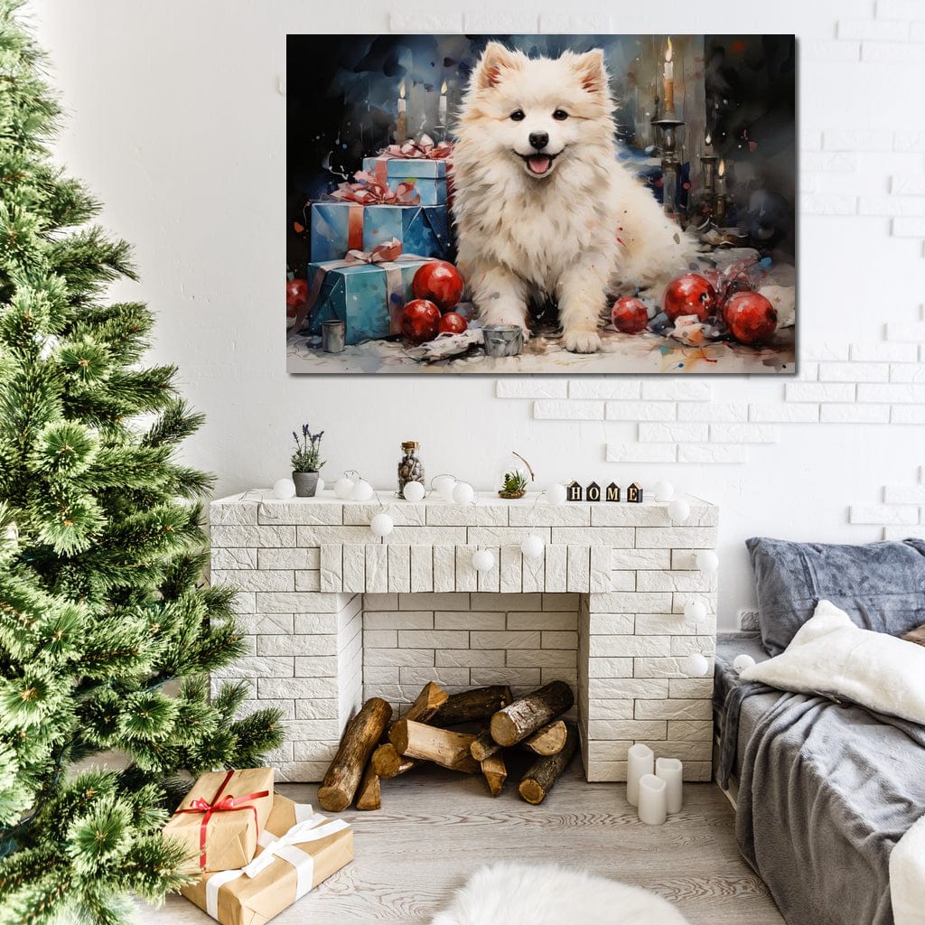 Tablou Canvas Premium, LuxCanva® D1033, Blanosul Samoyed printre Globuri , Patruped, Blana, Rosu, Globuri, Lumanari, Living Room, Culori vibrante