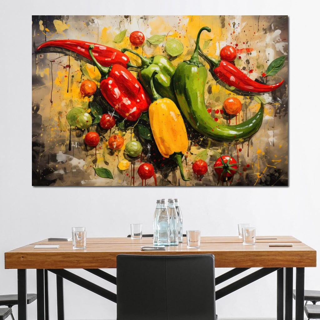 tablou canvas cu ardei picanti pictati in nuante de rosu, verde si galben, pe un fundal abstract alaturi de alte legume