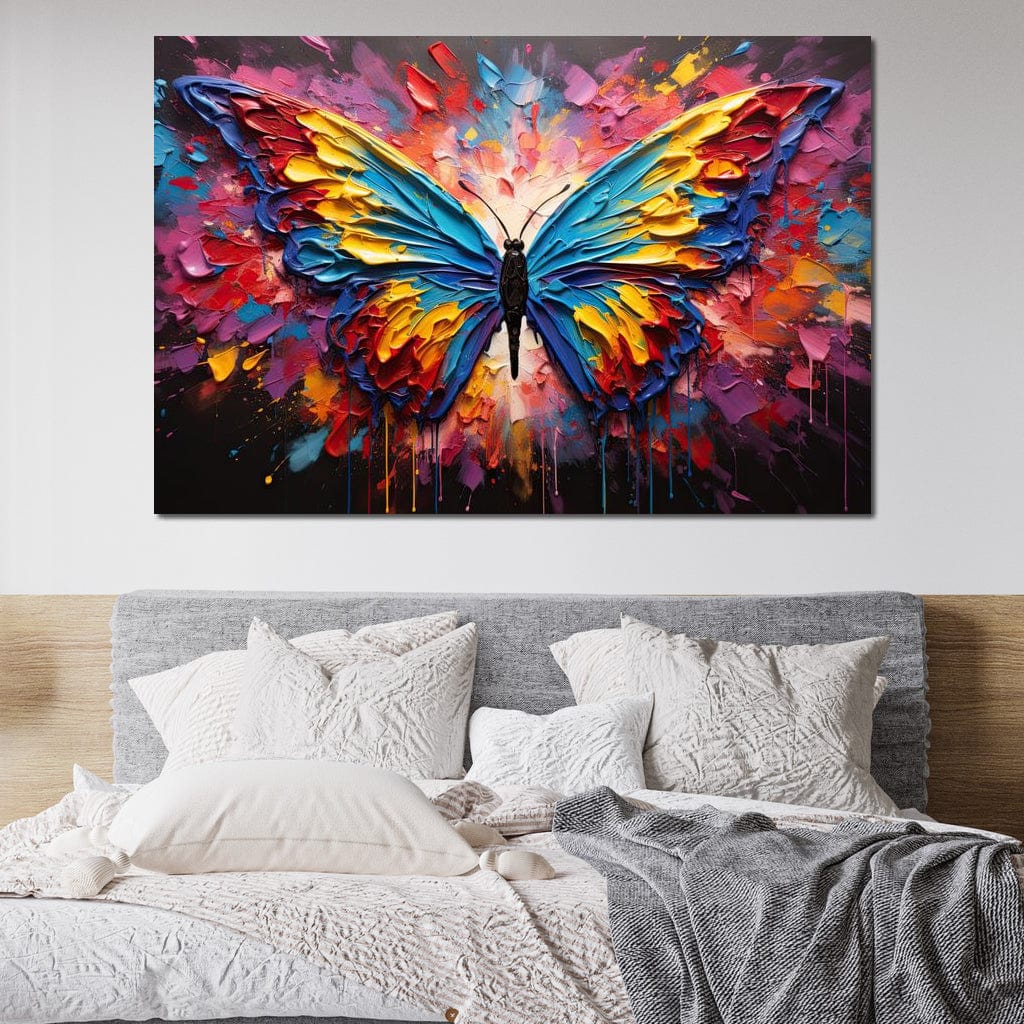 tablou canvas cu un fluture multicolor in explozie de culori vibrante, in stil pictura