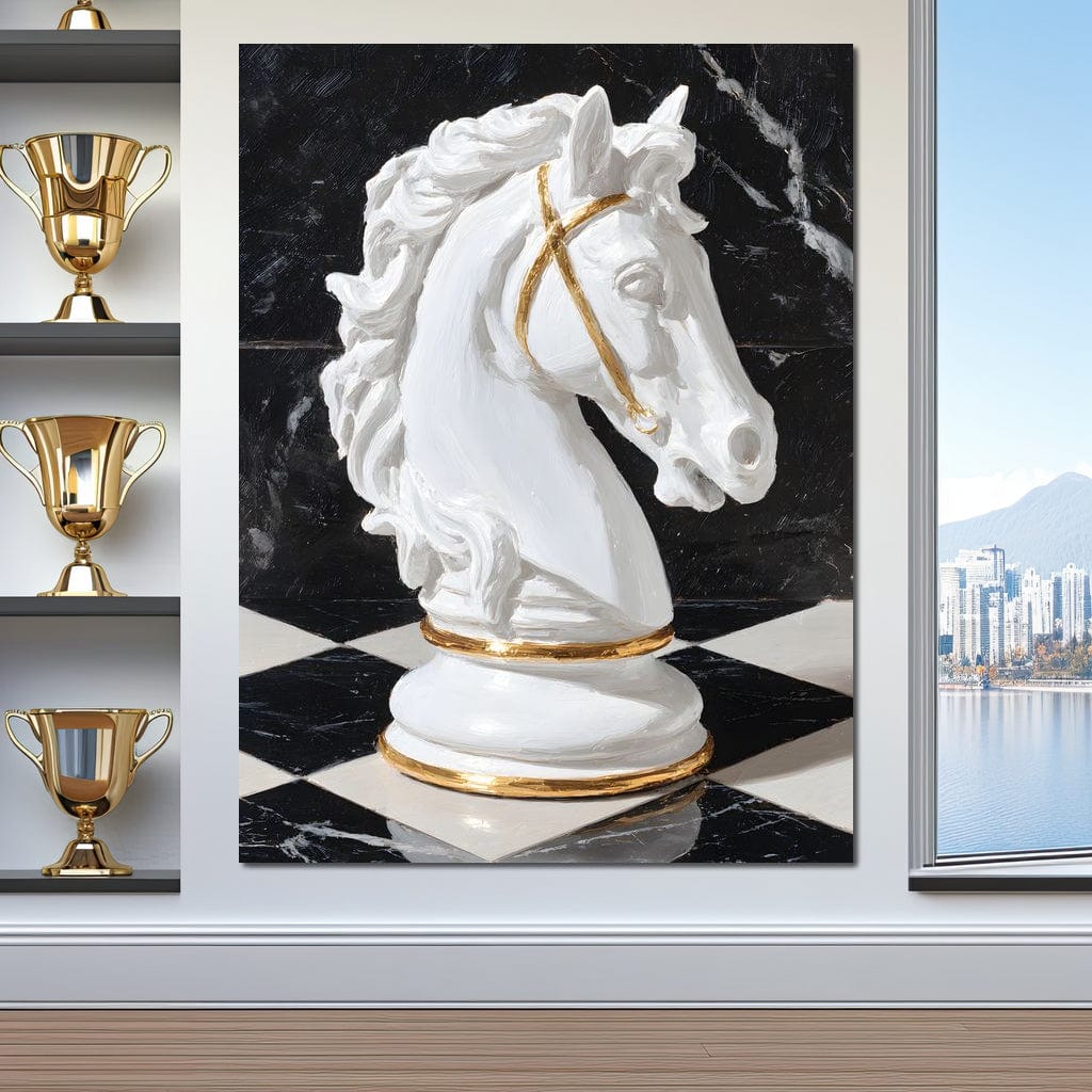 tablou canvas cu o piesa de sah in forma de cal, cu accente aurii pe fundal negru de marmura