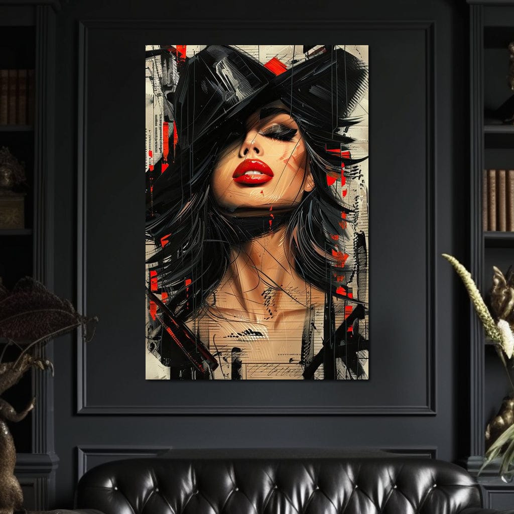 Tablou Canvas Premium, LuxCanva® G1101, Privirea de Catifea, Red, Lips, Privire, Pasiune, Negru, Eleganta, Glam, Palarie, Accesoriu, Living, Dormitor