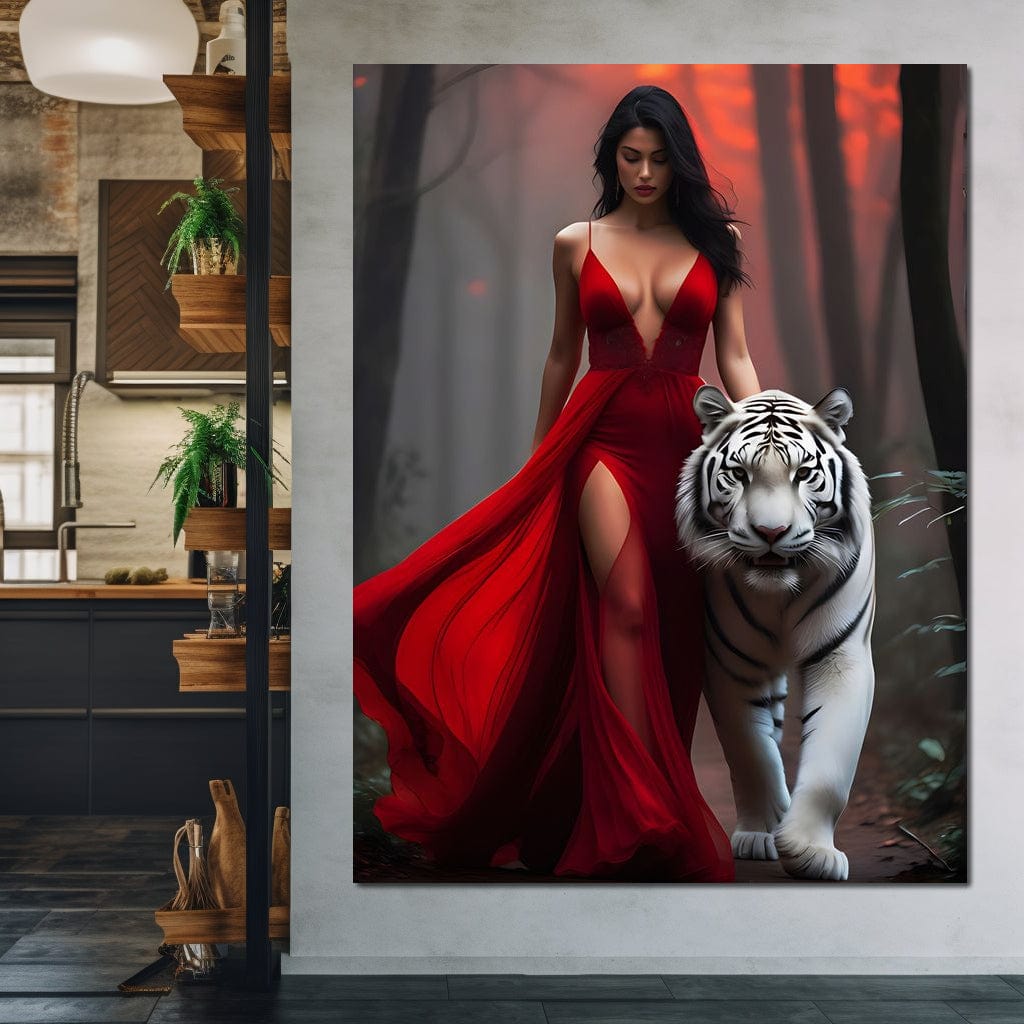 tablou canvas cu o femeie seducatoare in rochie rosie si un tigru alb, pe fundalul unei paduri la apus de Soare