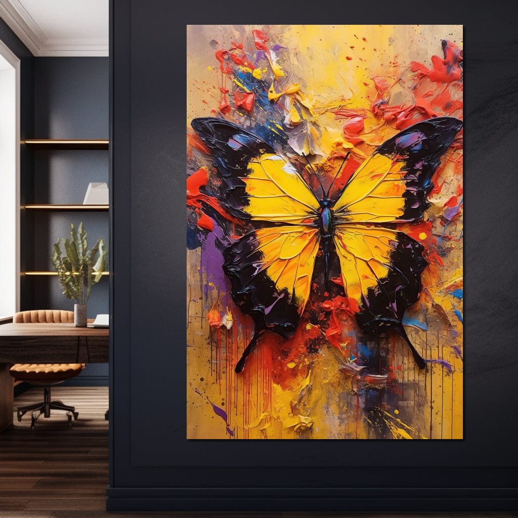 tablou canvas cu un fluture galben intens, pe fundal multicolor stil graffiti