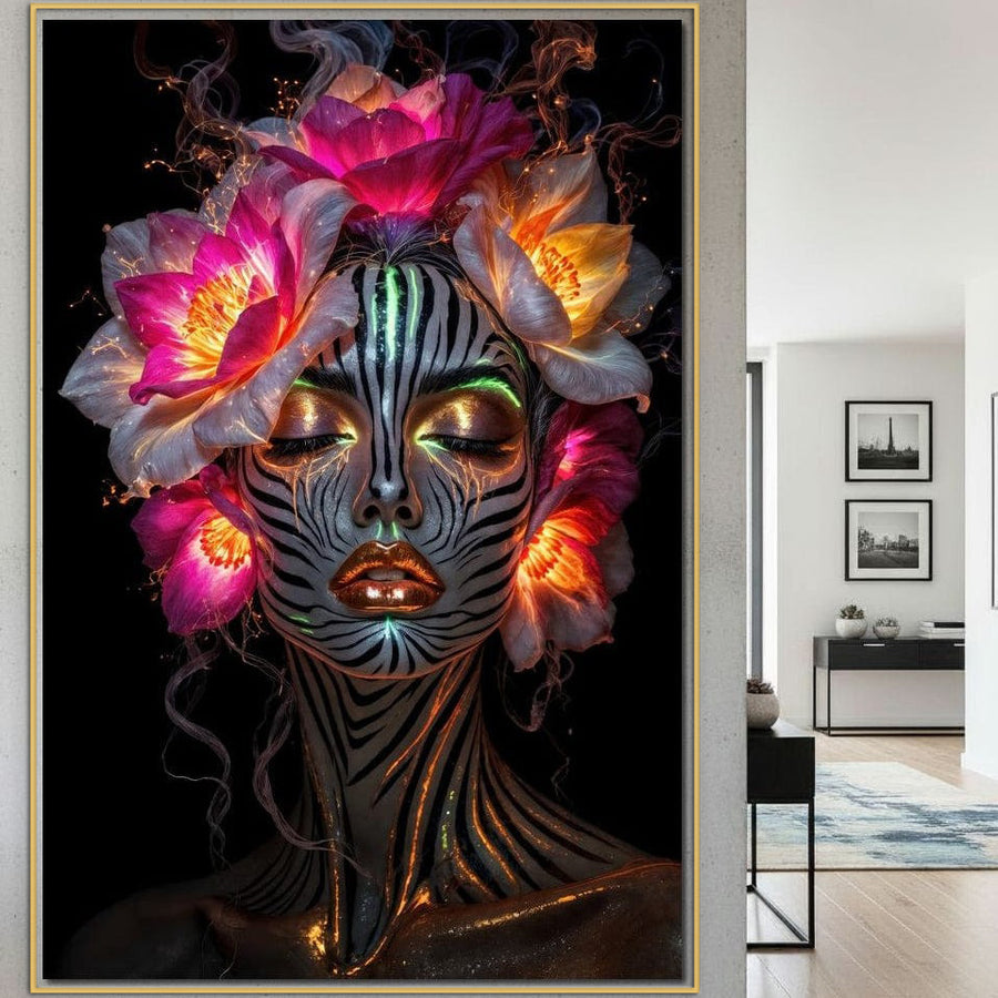 LuxCanva® Tablou Canvas Premium G1243: O reproducere impresionantă pe pânză cu Zebra Celesta, flori, foc și elemente mistice - perfect pentru salon, living sau dormitor.