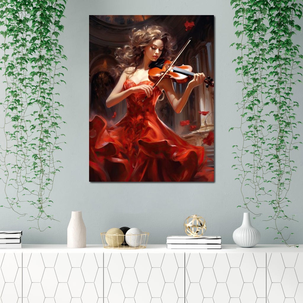 Tablou Canvas Premium LuxCanva® G1049, Rapsodie in Rosu , Vioara, Muzica, Eleganta, Muza, Pasiune, Rochie, Rosie, Living, Dormitor, Culori Vibrante