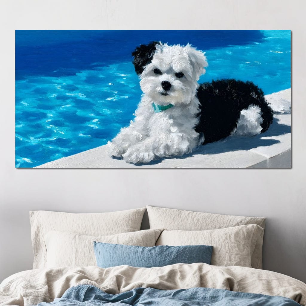 tablou canvas cu un catelus alb cu negru, relaxat pe marginea unei piscine pictate in nuante intense de albastru