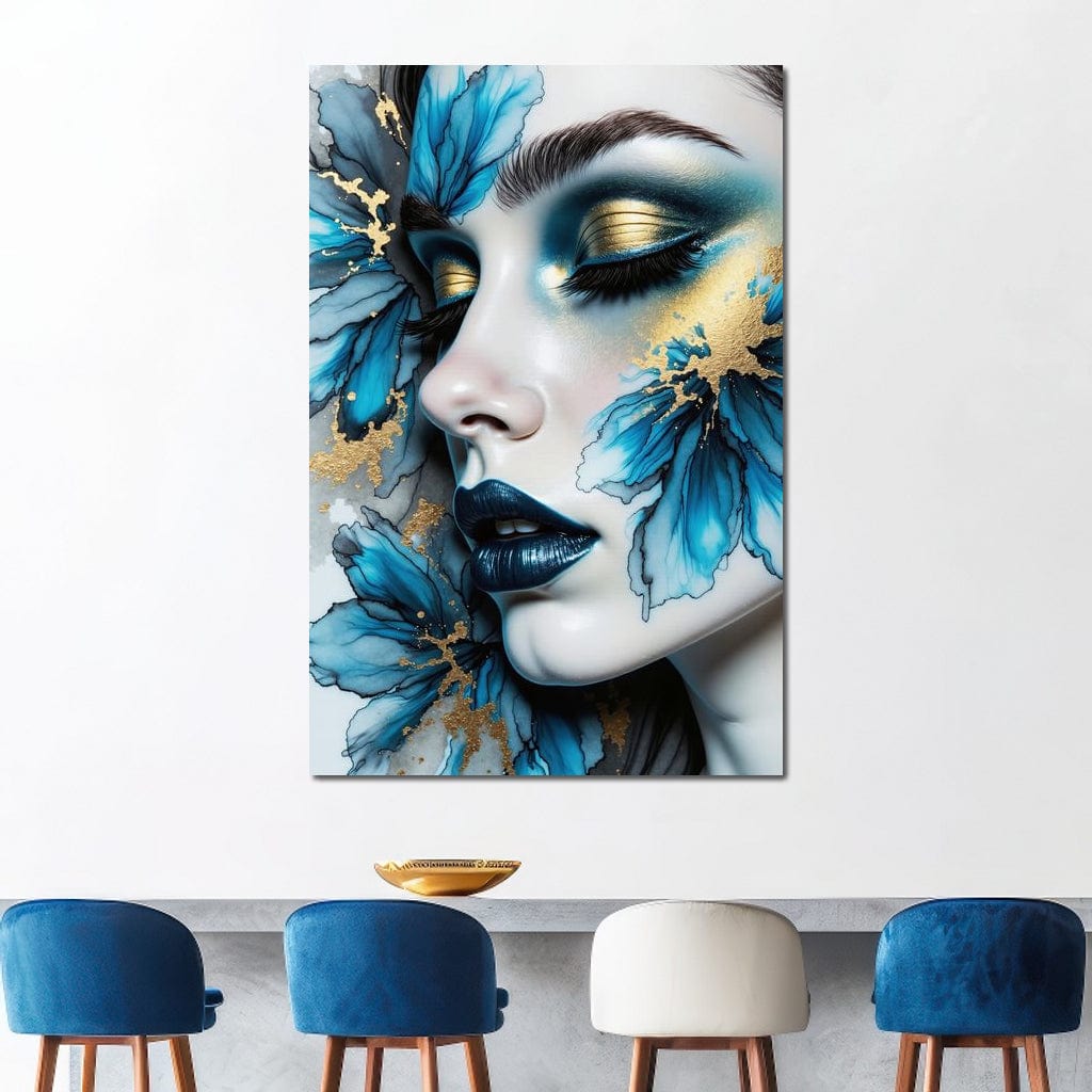 Tablou Canvas Premium, LuxCanva® G1241, In Flori de Gheata, Regina, Albastru, Aur, Vraja, Frig, Floare, Iarna, Cristal, Inima, Azur, Eclipsa, Renastere, Tacere, Liniste, Fotomodel, Salon, Living, Dormi