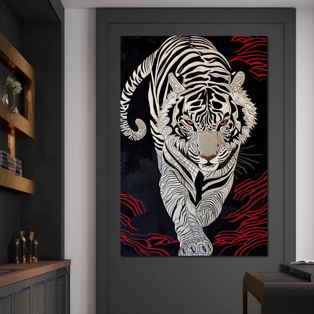 tablou canvas cu un tigru alb desenat in stil oriental, pe fundal intunecat cu accente rosii