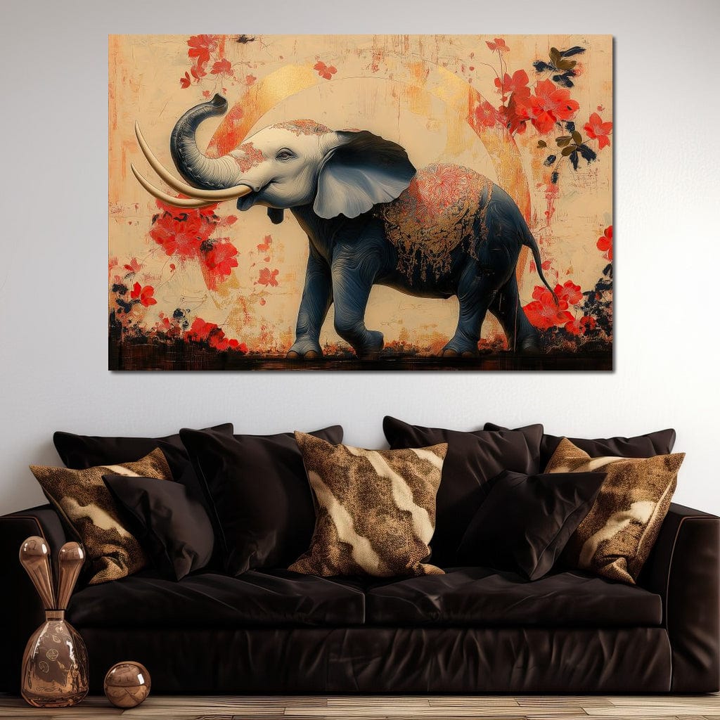 tablou canvas cu un elefant elegant, pictat in tonuri de negru si gri cu accente aurii, pe fundal cald bej-auriu in stil oriental