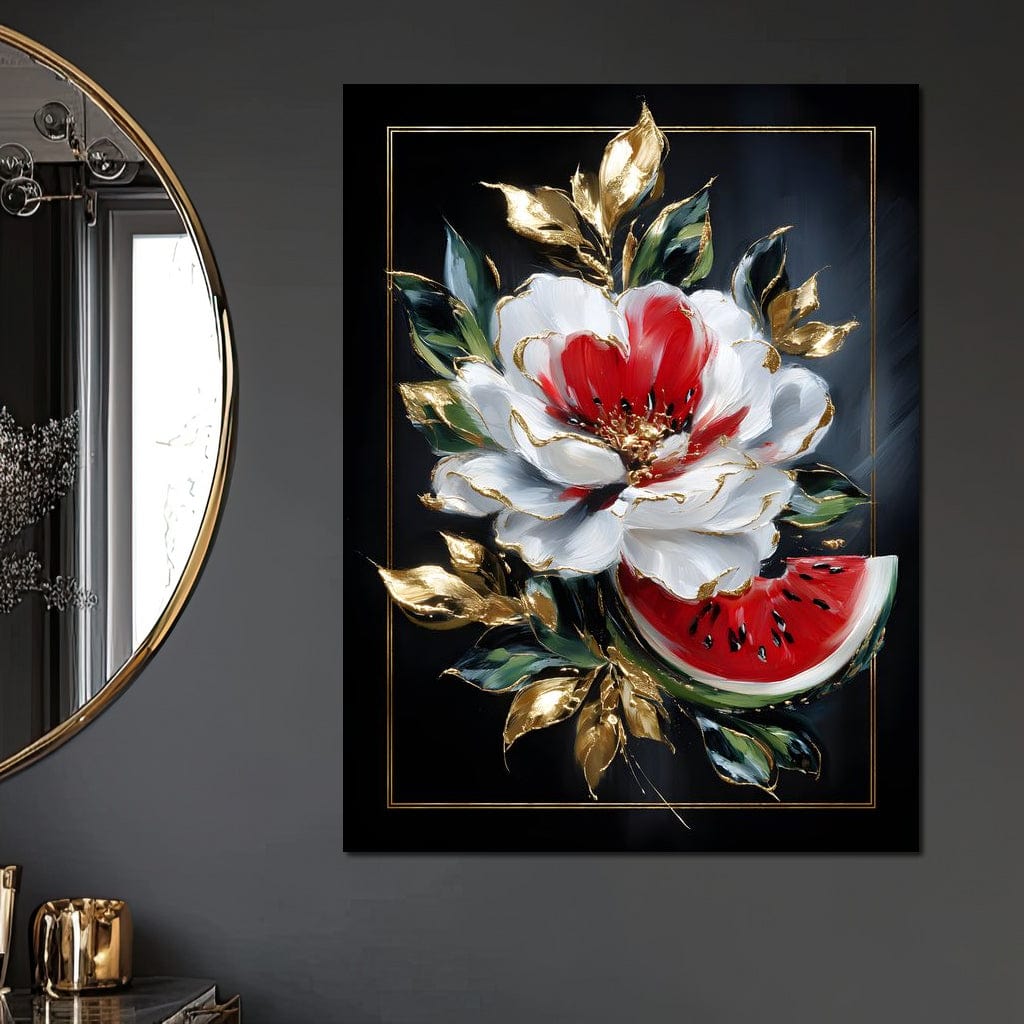 tablou canvas cu o floare alba, o felie de pepene verde si frunze aurii pe fundal negru cu accente aurii