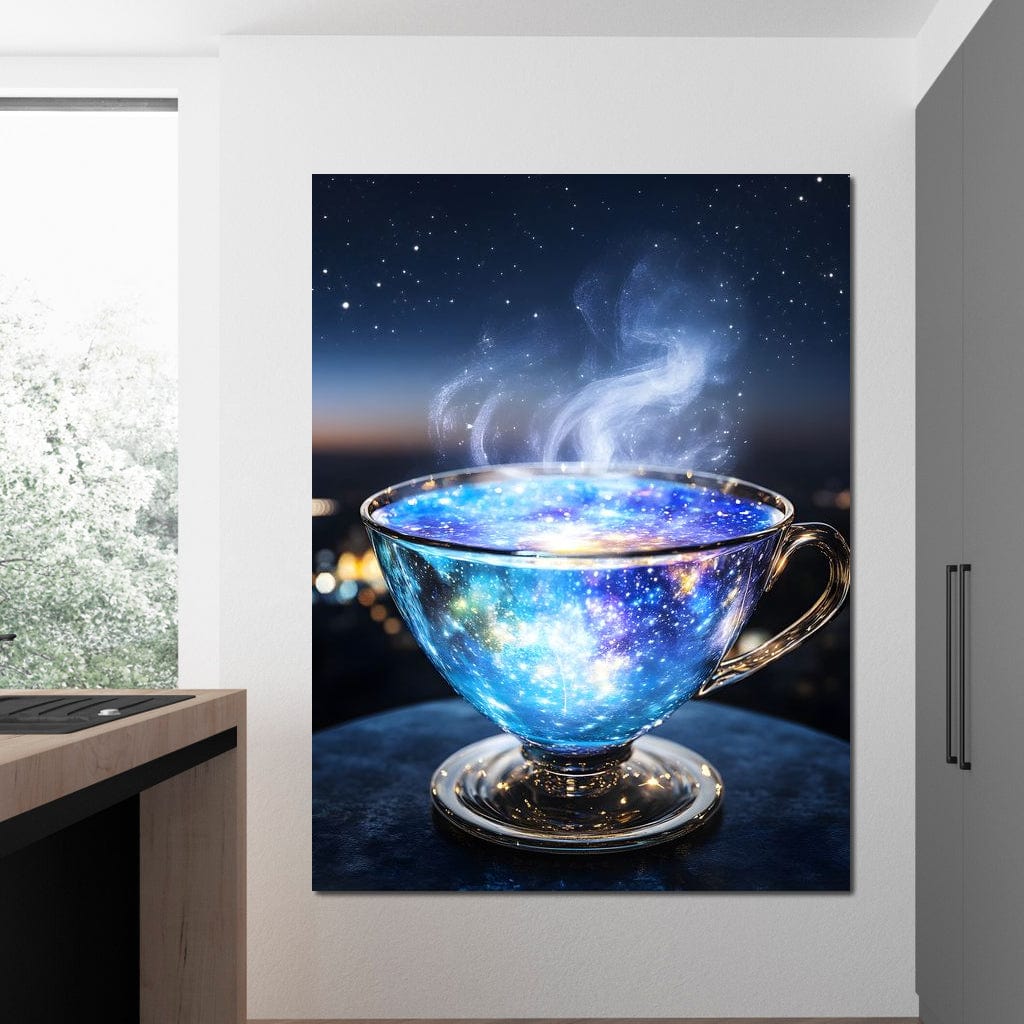 tablou canvas cu o ceasca de ceai fierbinte, cu aburi, pe fundal nocturn si instelat