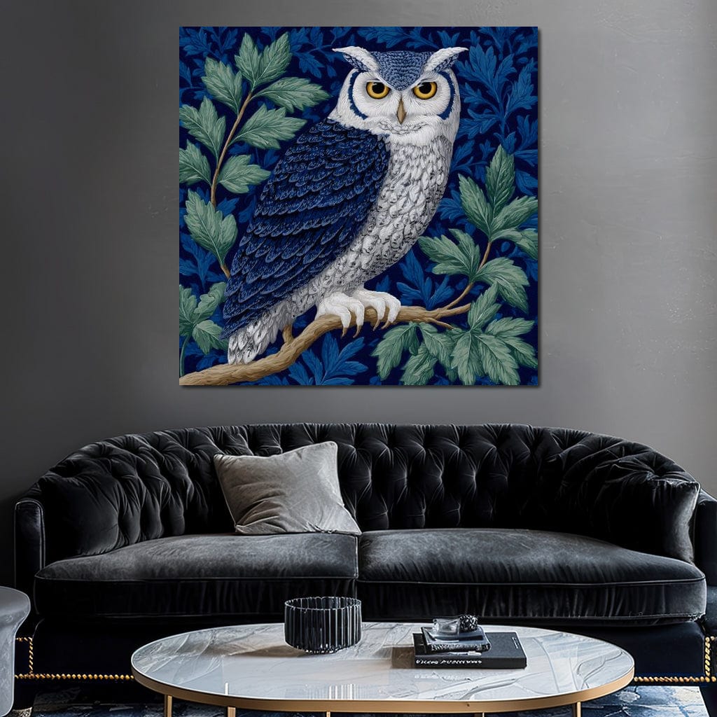 tablou canvas cu o bufnita cu penaj albastru si alb pe o ramura cu frunzis decorativ, pe fundal texturat albastru