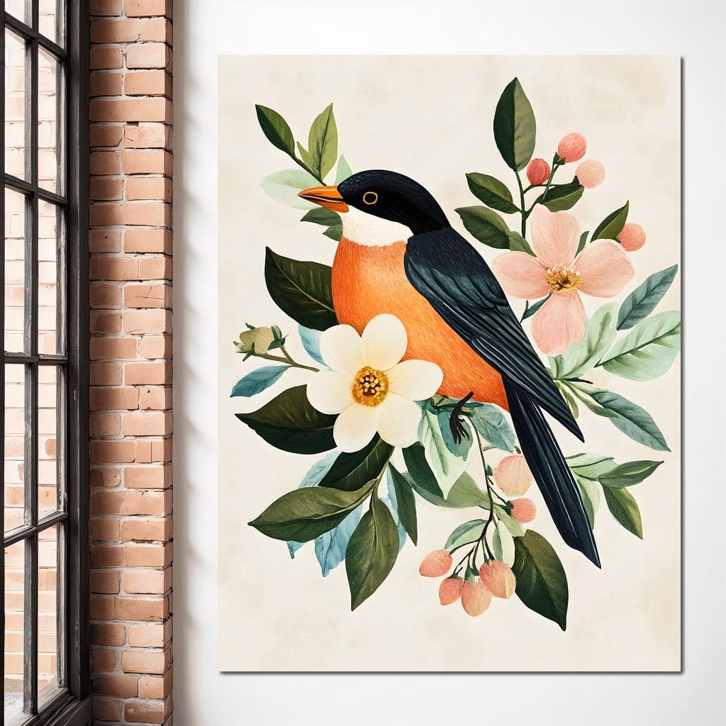 tablou canvas cu o pasare cu penaj portocaliu si negru, asezata printre flori roz si albe pe fundal luminos
