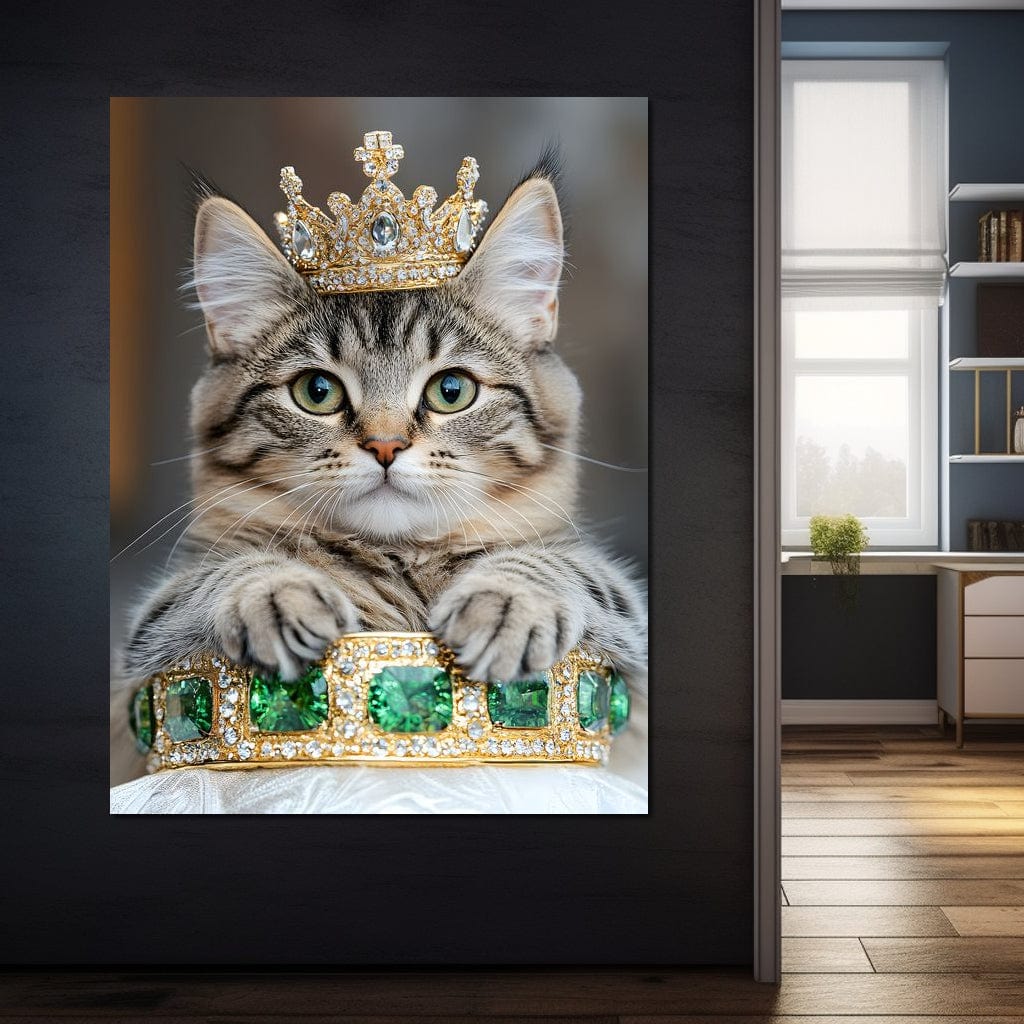 tablou canvas cu un motan cu coroana de aur decorata cu pietre pretioase, sprijnit gratios pe o tiara cu smaralde