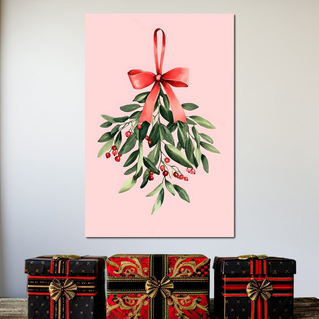 Tablou Canvas Premium, LuxCanva® D1082, Ramura cu Funda Rosie, Christmas, Planta, Bradut, Frunze, Festiv, Elegant, Roz, Iarna, Anotimp, Simplitate, Verde, Atmosfera, Camera Copil, Living, Dormitor