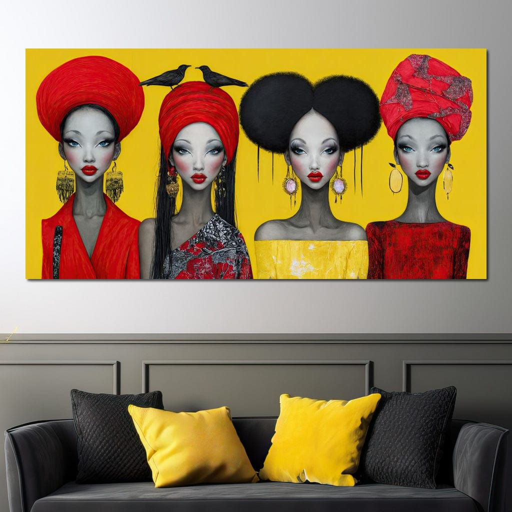 Tablou Canvas Premium, LuxCanva® G1135, Patru Regine si un Cantec, Regalitate, Femei, Pasari, Turbane, Zbor, Traditie, Cultura, Identitate, Feminism, Forta, Birou, Living