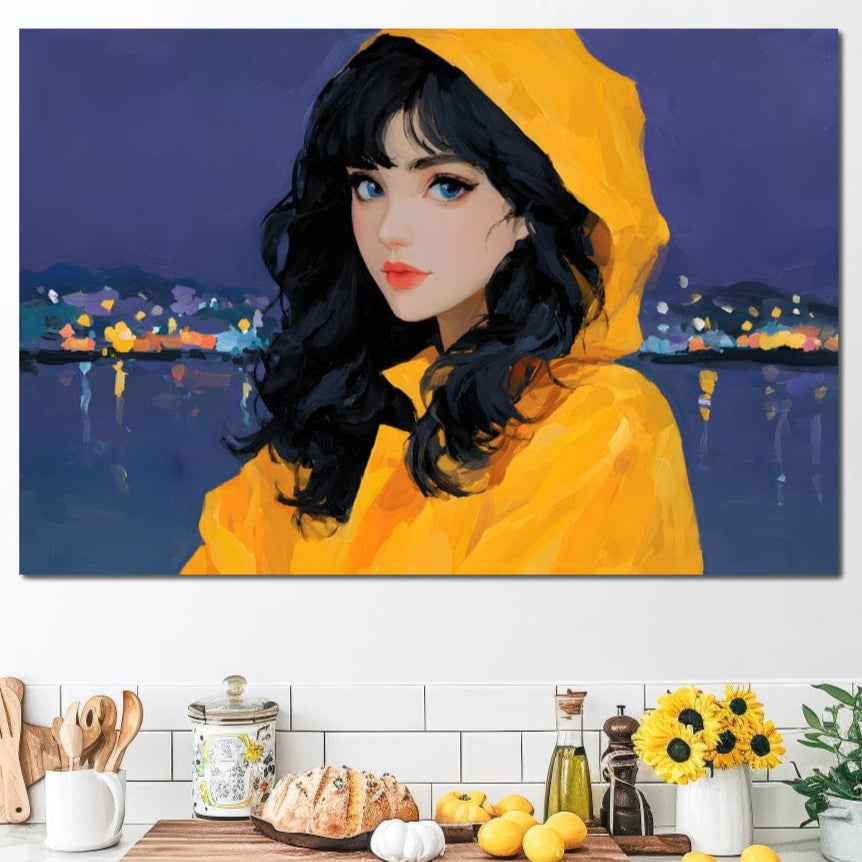 Tablou Canvas Premium, LuxCanva® G1215, Fata din Port, Noapte, Galben, Ploaie, Stele, Safir, Pelerina, Asteptare, Violet, Barci, Oras, Calatoare, Amintire, Speranta, Salon, Birou, Living, Dormitor