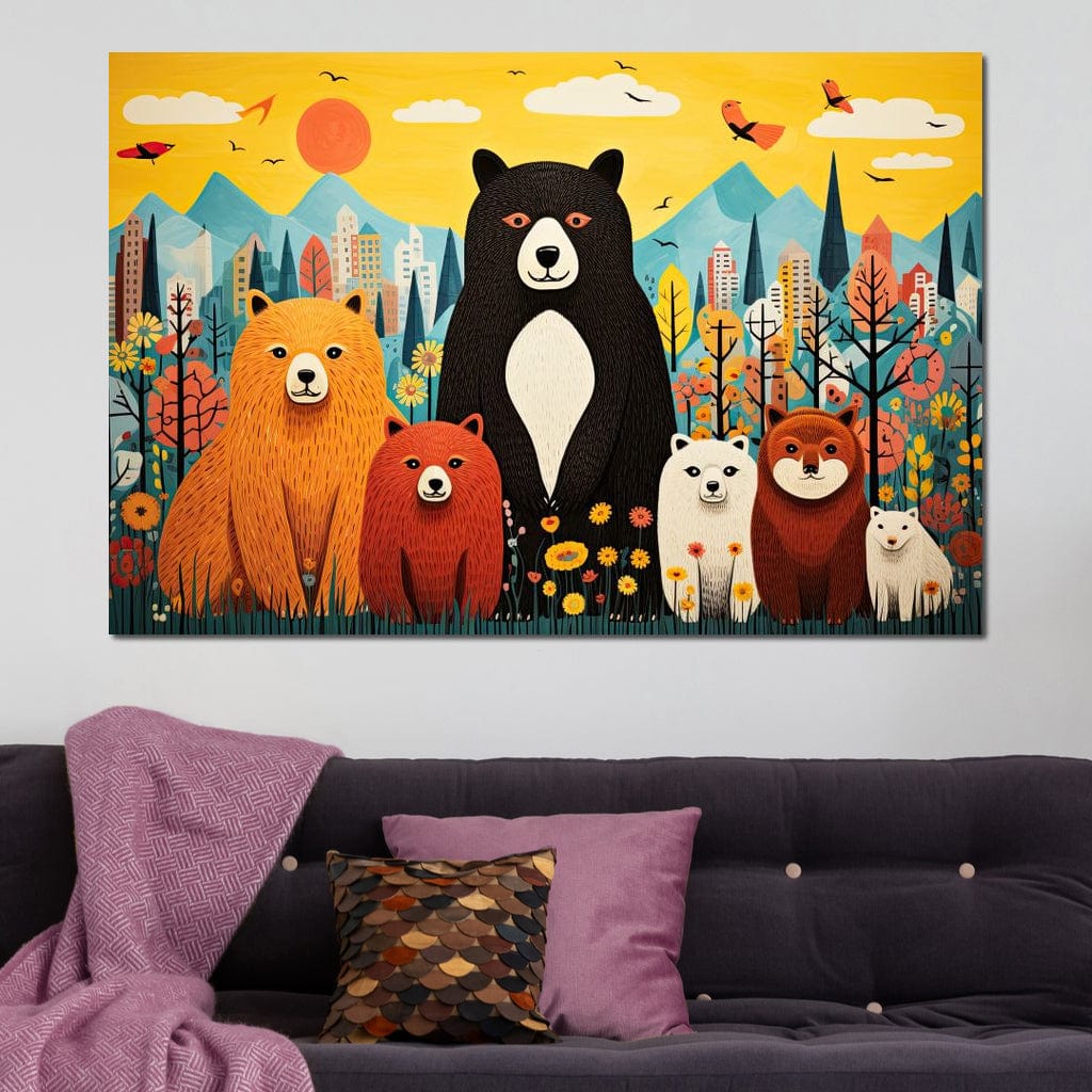 Tablou Canvas Premium, LuxCanva® K1007, Familia de Ursuleti, Padure, Munte, Oras, Prieteni, Poiana, Magica, Decor, Veselie, Prietenie, Caldura, Natura, Barlog, Camera Copii