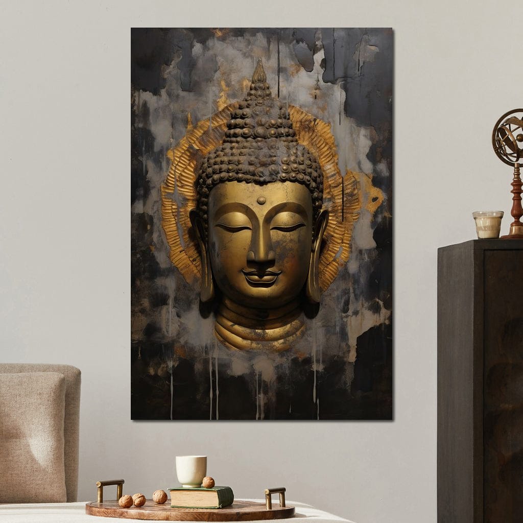 Tablou Canvas Premium LuxCanva® I124, Aura Linistii, Buddha, Zen, Iluminare, Pace Interioara, Spiritualitate, Armonie, Meditatie, Liniste, Urna, Fum, Gold, Living, Dormitor