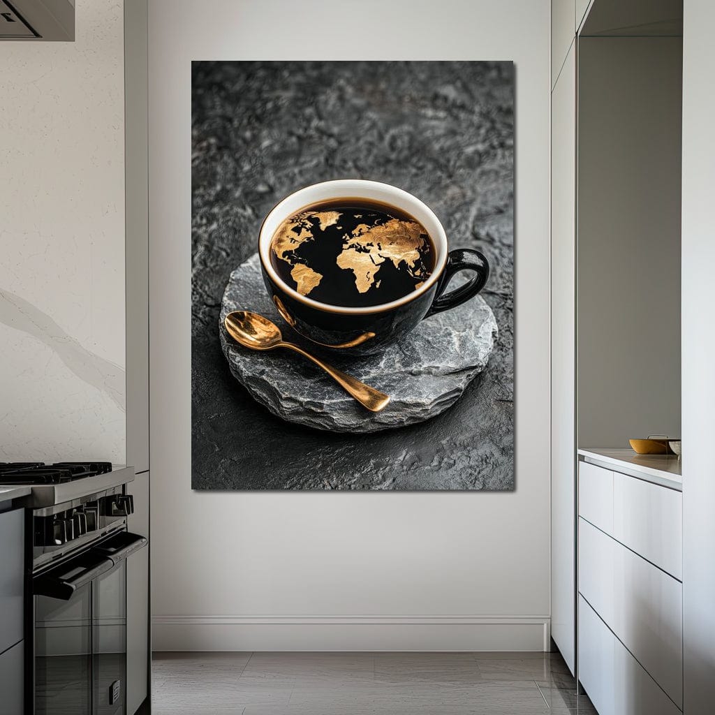tablou canvas cu harta lumii in nuante aurii, intr-o ceasca cu cafea neagra, alaturi de o lingurita de aur, pe fundal texturat de piatra