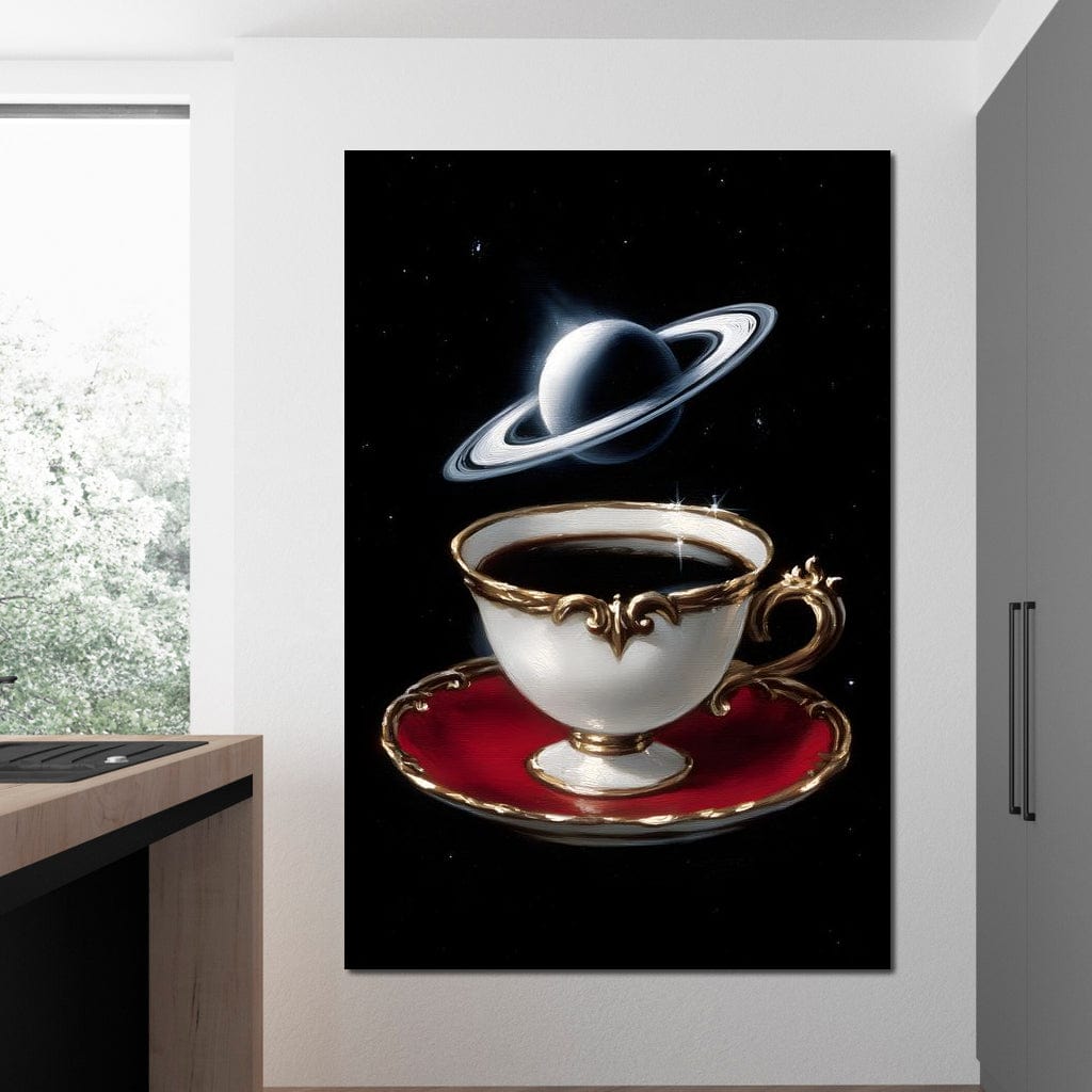 tablou canvas cu o ceasca cu cafea alba cu auriu, pe o farfurie rosie, pe fundal negru instelat si planeta Saturn